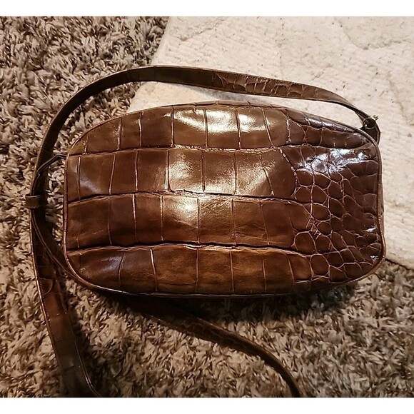 Vintage Carey Adina Leather Alligator Embossed Zip Crossbody Brown Bag - Picture 2 of 7
